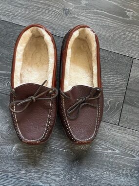 L.L. Bean Brown Leather Shearling-Lined Moccasin Slippers